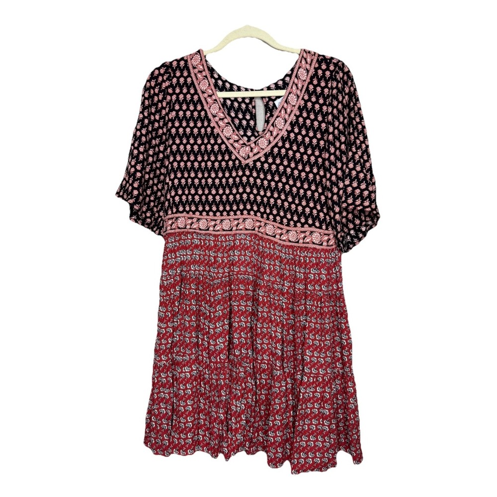 Patrons Of Peace Dress Women's M Black Red Boho‎ Flowy Babydoll Short Floral